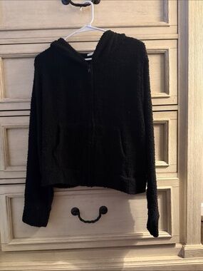 SO Black Fuzzy Hooded Zip-Up Sweater